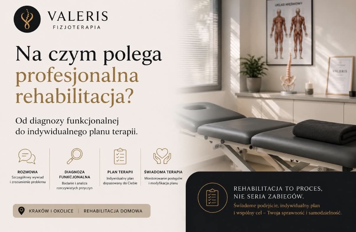 Na czym polega profesjonalna rehabilitacja - Valeris Kraków Fizjoterapeutka przeprowadza badanie funkcjonalne i diagnozę pacjenta w gabinecie Valeris w Krakowie