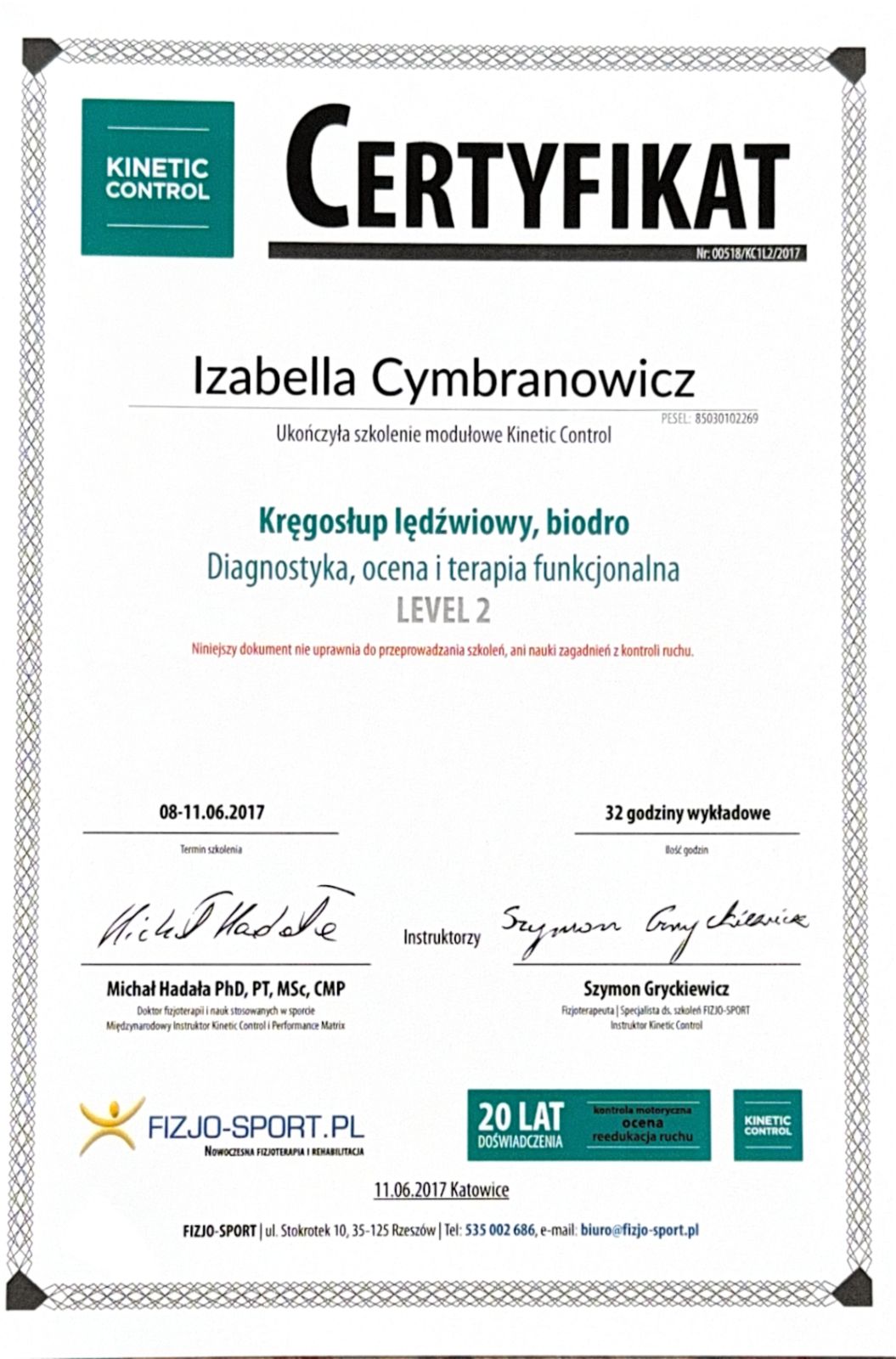 Certyfikat ukończonego kursu fizjoterapii Izabelli Cymbranowicz 11 z 40