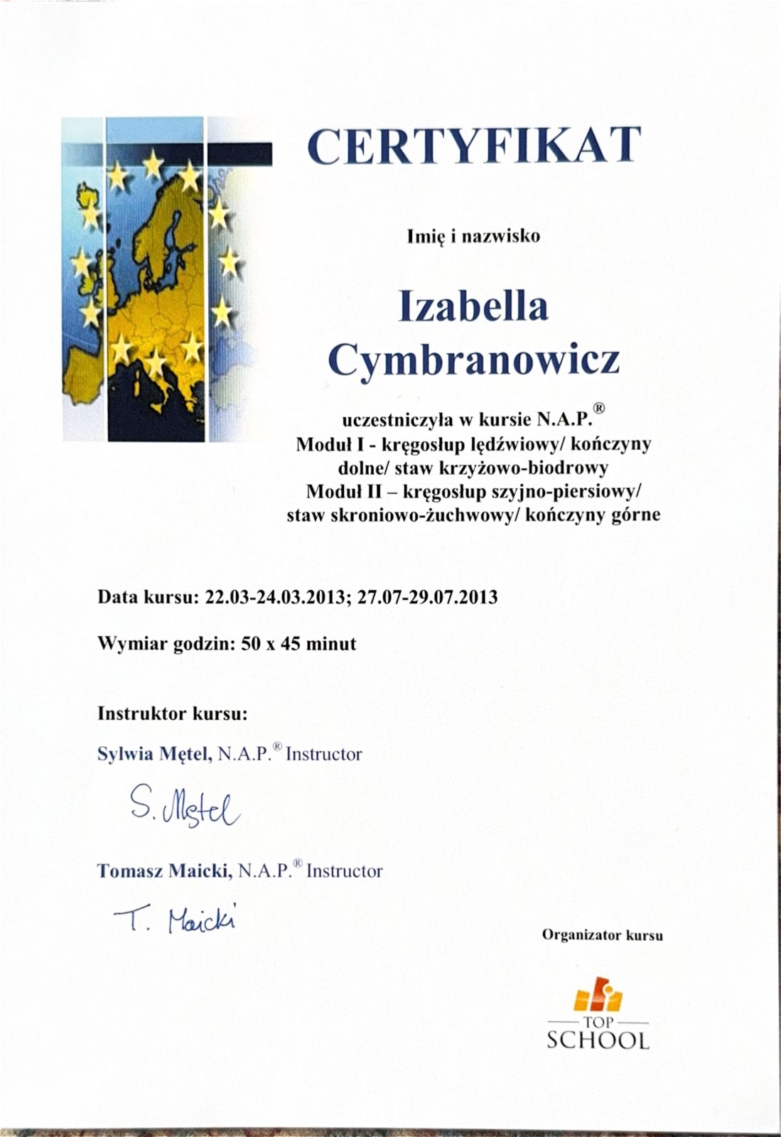 Certyfikat ukończonego kursu fizjoterapii Izabelli Cymbranowicz 2 z 40
