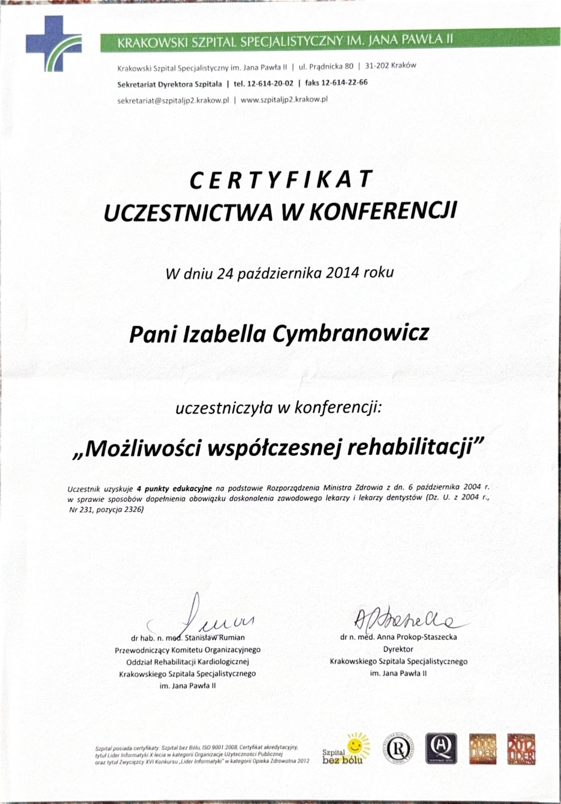 Certyfikat ukończonego kursu fizjoterapii Izabelli Cymbranowicz 3 z 40