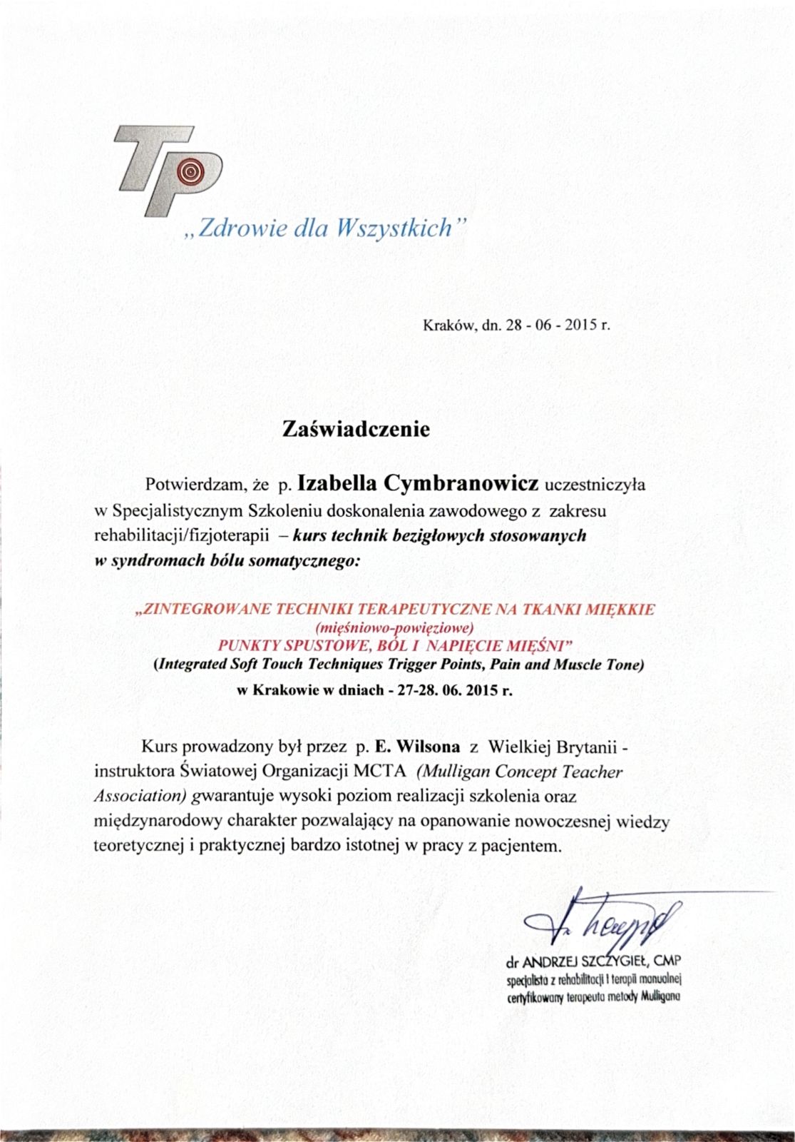 Certyfikat ukończonego kursu fizjoterapii Izabelli Cymbranowicz 4 z 40