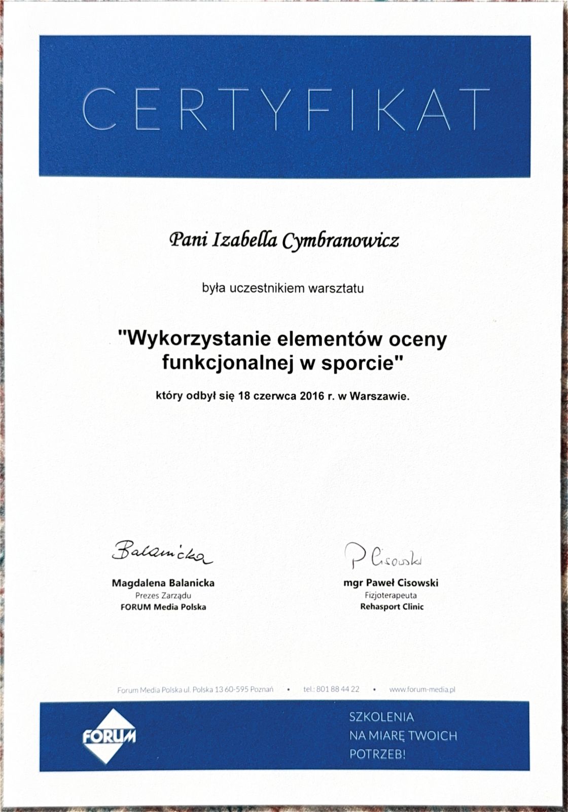 Certyfikat ukończonego kursu fizjoterapii Izabelli Cymbranowicz 5 z 40