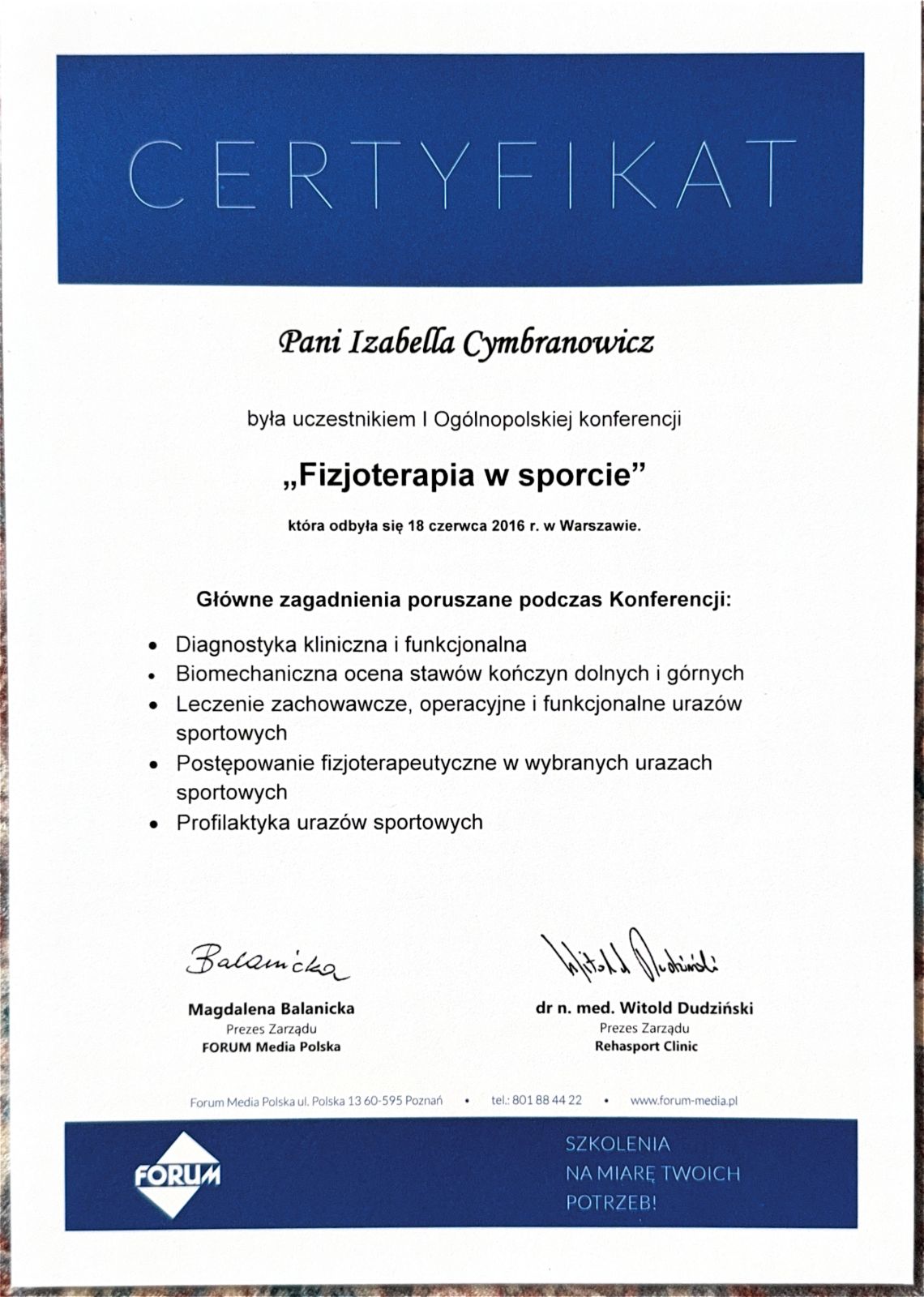Certyfikat ukończonego kursu fizjoterapii Izabelli Cymbranowicz 6 z 40