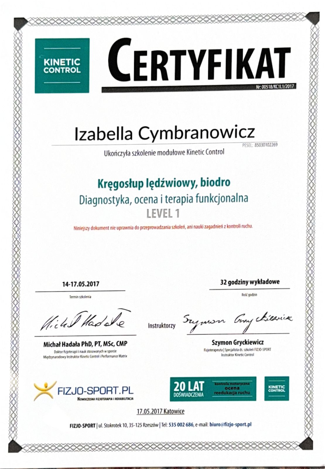 Certyfikat ukończonego kursu fizjoterapii Izabelli Cymbranowicz 9 z 40