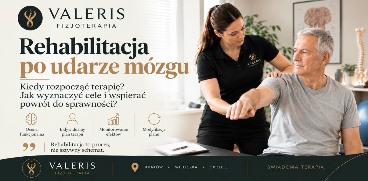 Fizjoterapeuta przeprowadza ćwiczenia w ramach rehabilitacji po udarze mózgu w domu pacjenta – VALERIS